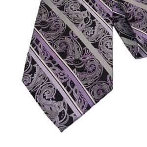 Platinum Designs Silk Tie Men’s XL 65” Purple Gray Paisley Stripe Whimsical Wide